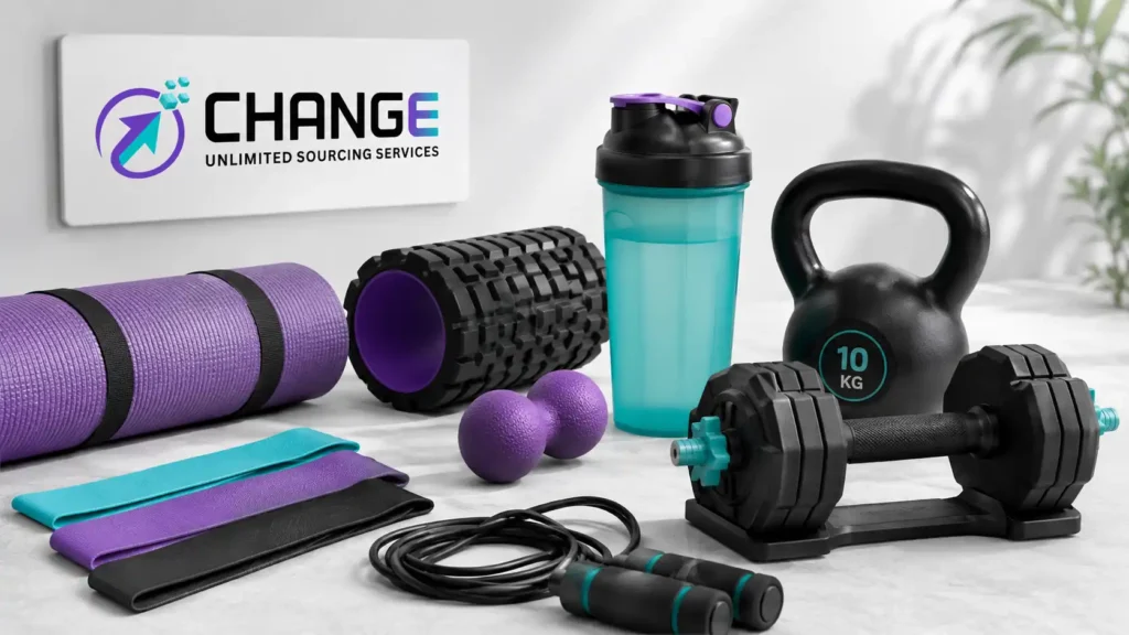 Change Sourcing branded image showing fitness and wellness products, including a yoga mat, foam roller, resistance bands, jump rope, dumbbell, kettlebell, shaker bottle, and massage balls.