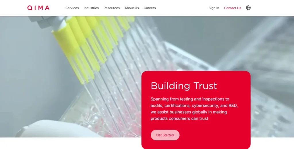 QIMA homepage screenshot showing a tech-forward quality control and compliance platform, with inspection, audit, certification, cybersecurity, and R&D service messaging under a “Building Trust” hero banner.