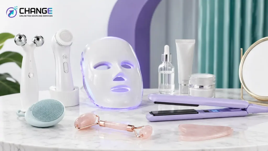 Change Sourcing branded image showing beauty tools and personal care devices, including an LED face mask, facial cleansing brush, facial roller, gua sha tool, skincare bottles, cream jar, mirror, and electric styling tool.