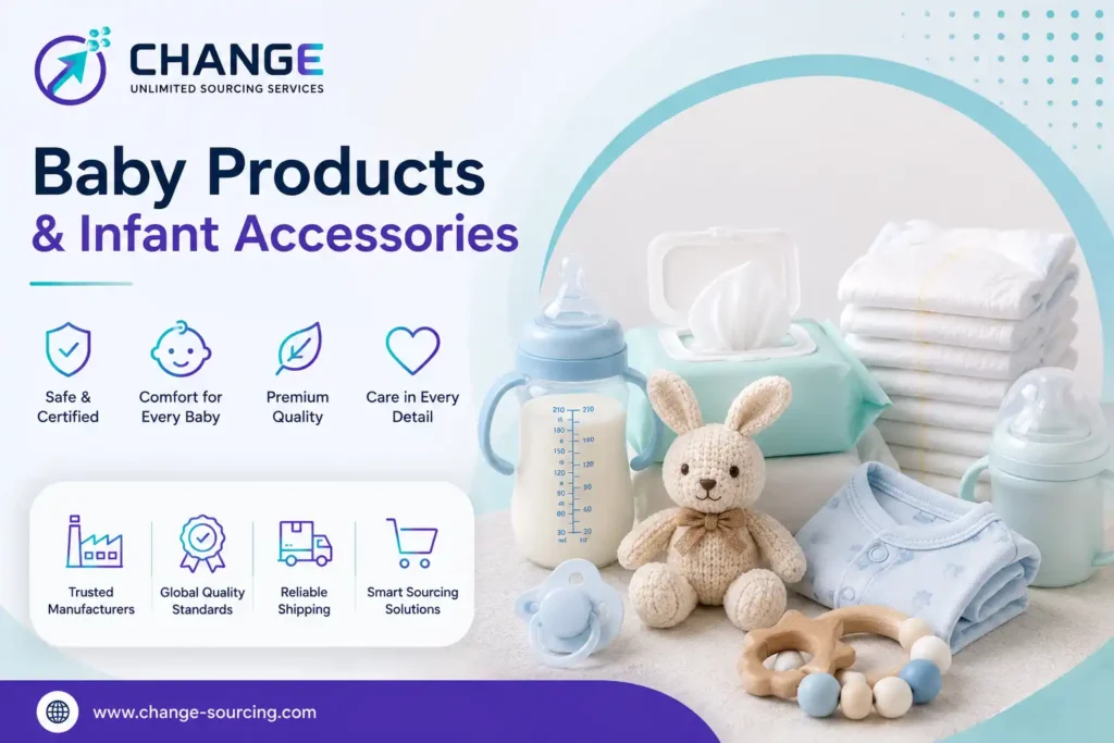 Change Sourcing branded image showing baby products and infant accessories, including feeding bottles, diapers, baby wipes, pacifier, teether, folded baby clothes, and a soft bunny toy.