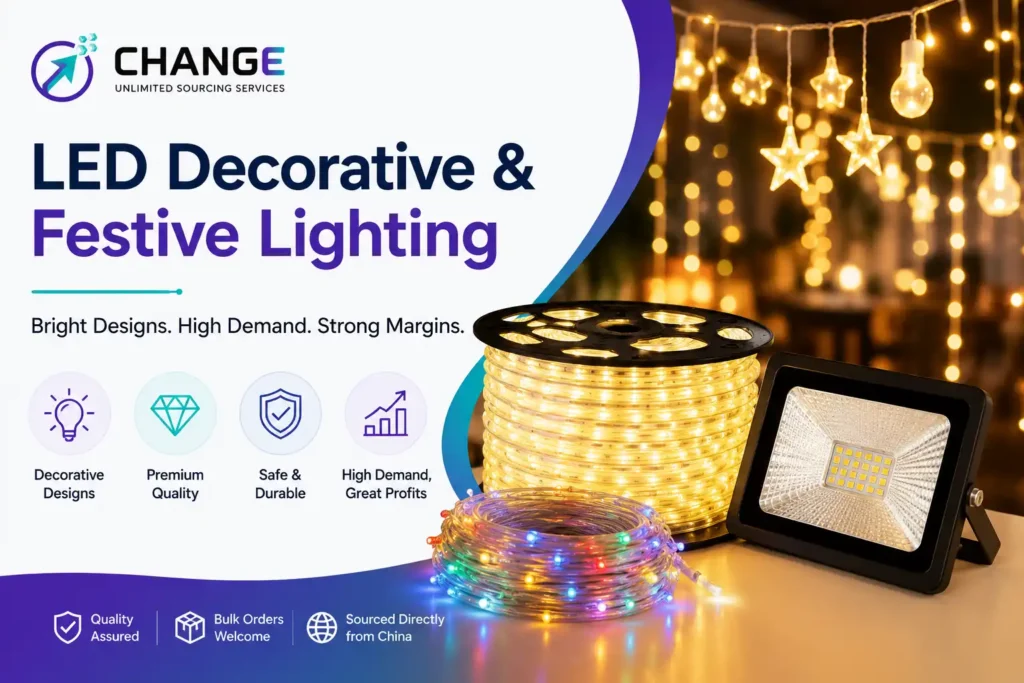 Change Sourcing branded image showing LED decorative and festive lighting products, including string lights, star lights, LED strip lights, and a floodlight for importing festival lighting from China.