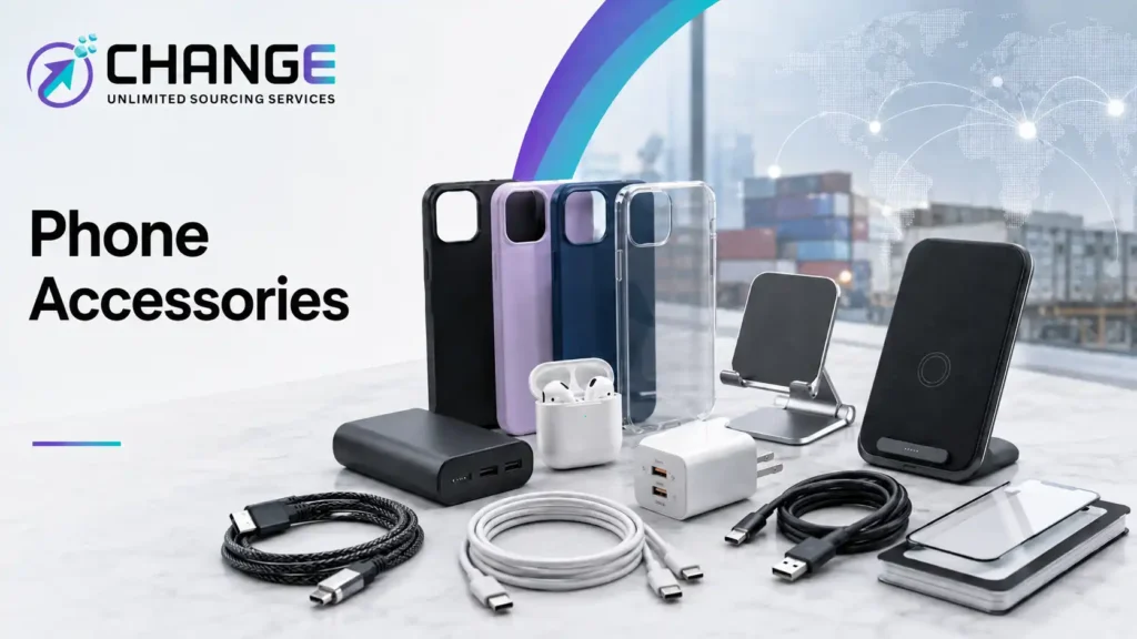 Change Sourcing branded image showing phone accessories for import, including protective phone cases, power banks, earbuds, charging cables, wall chargers, wireless charging stands, and screen protectors.