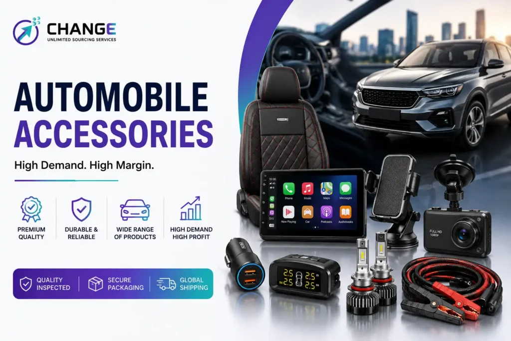 Change Sourcing branded image showing automobile accessories for import, including car seat covers, dashboard screen, phone holder, dash camera, tire pressure monitor, LED headlights, jumper cables, and car electronics.