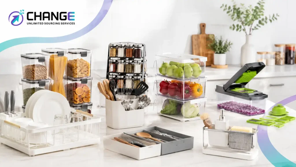 Change Sourcing branded image showing kitchen gadgets and space-saving organizers, including pantry containers, dish racks, spice storage, drawer organizers, fridge bins, fruit containers, and compact kitchen tools.