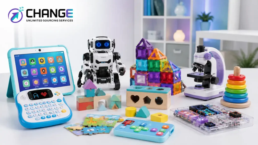 Change Sourcing branded image showing educational toys and electronic kids’ products, including a learning tablet, robot toy, magnetic building blocks, microscope, stacking rings, wooden blocks, and STEM activity kits.