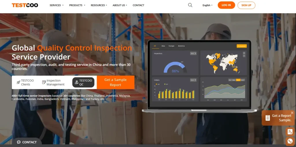 Testcoo homepage screenshot showing digital quality control inspection services for Amazon FBA and ecommerce, with inspection dashboard visuals, warehouse background, sample report buttons, and service navigation.