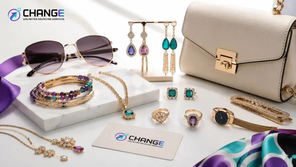 Change Sourcing branded image showing artificial jewelry and fashion accessories, including sunglasses, earrings, bracelets, necklaces, rings, a handbag, watch, and silk scarf for import sourcing.
