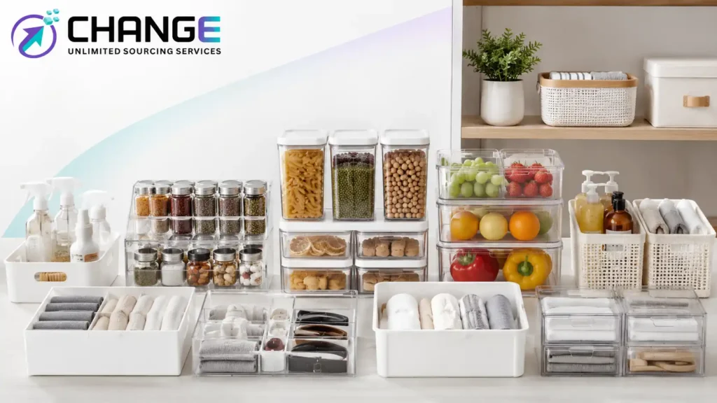 Change Sourcing branded image showing home organization and storage products, including pantry containers, spice racks, drawer organizers, fridge bins, storage baskets, bottles, and clear boxes for import sourcing.