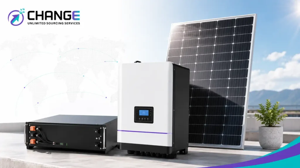 Change Sourcing branded image showing solar panels, a solar inverter, and a LiFePO4 battery system for importing renewable energy products from China.
