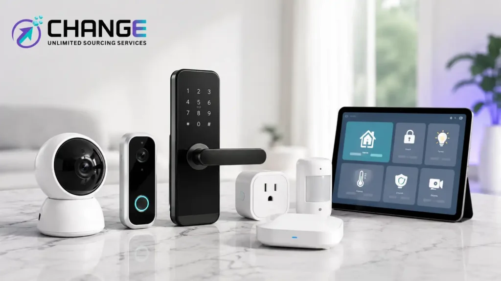 Change Sourcing branded image showing smart home and security devices, including a security camera, video doorbell, smart door lock, smart plugs, control hub, and tablet dashboard for home automation.