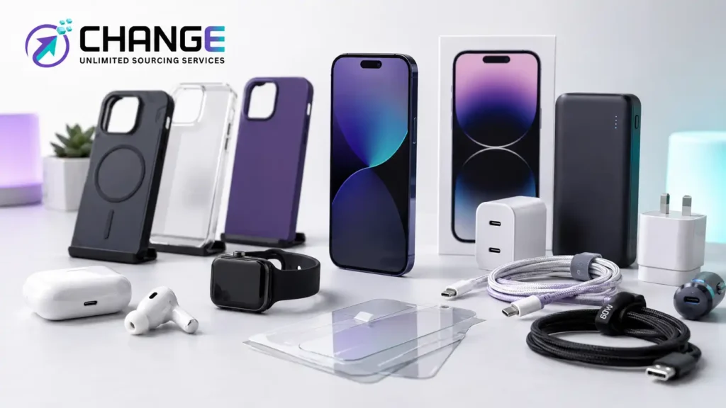 Change Sourcing branded image showing consumer electronics and phone accessories, including smartphones, phone cases, earbuds, chargers, cables, screen protectors, smartwatch, and power bank.