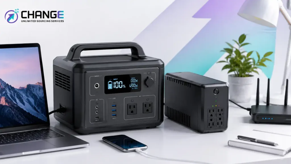 Change Sourcing branded image showing a portable power station and UPS backup system powering a laptop and phone, with a compact backup unit, router, desk lamp, and office accessories.