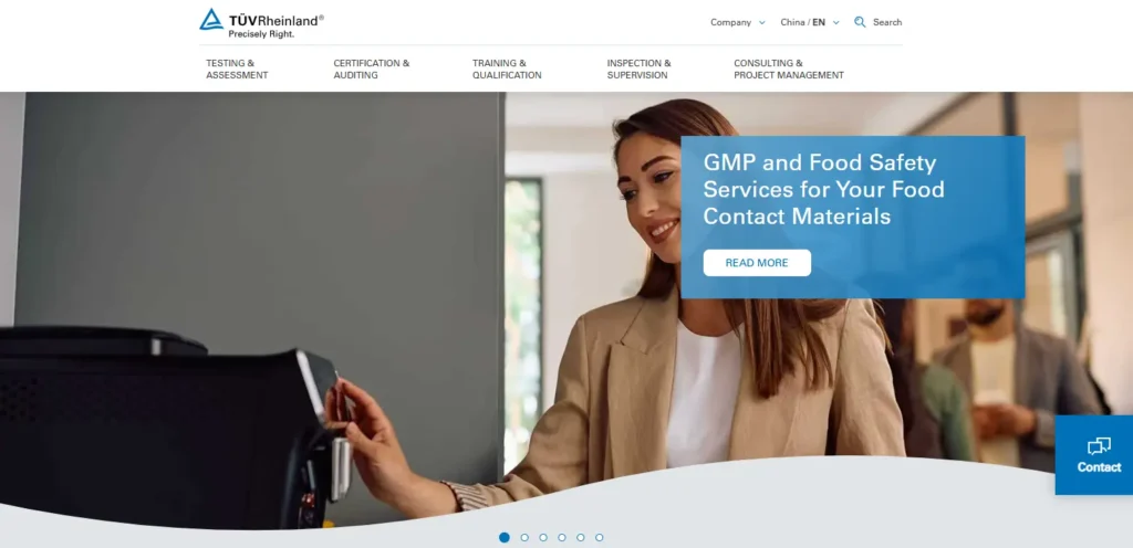 TÜV Rheinland homepage screenshot showing testing, certification, inspection, and consulting services in China, with a food safety services hero banner and contact option.