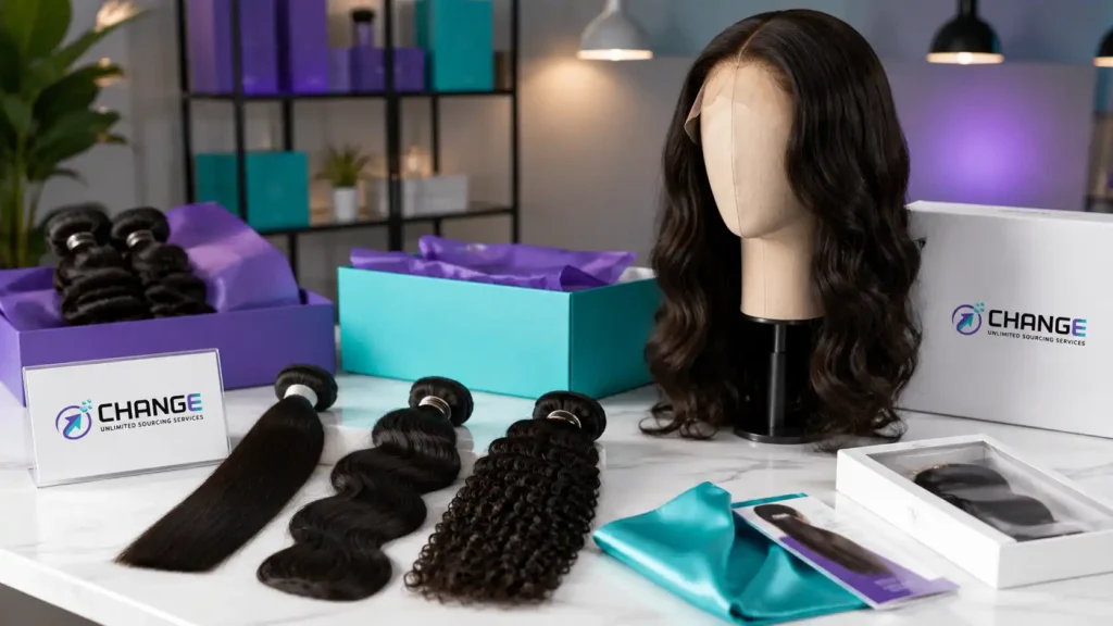 Change Sourcing branded image showing hair extensions and wigs, including straight, wavy, and curly hair bundles, a mannequin wig display, branded packaging, and satin accessories for import sourcing.