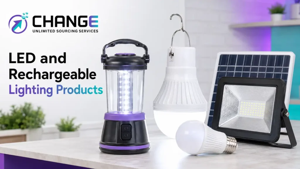 Change Sourcing branded image showing LED and rechargeable lighting products, including a portable lantern, rechargeable bulb, solar panel, LED floodlight, and light bulb for import sourcing.