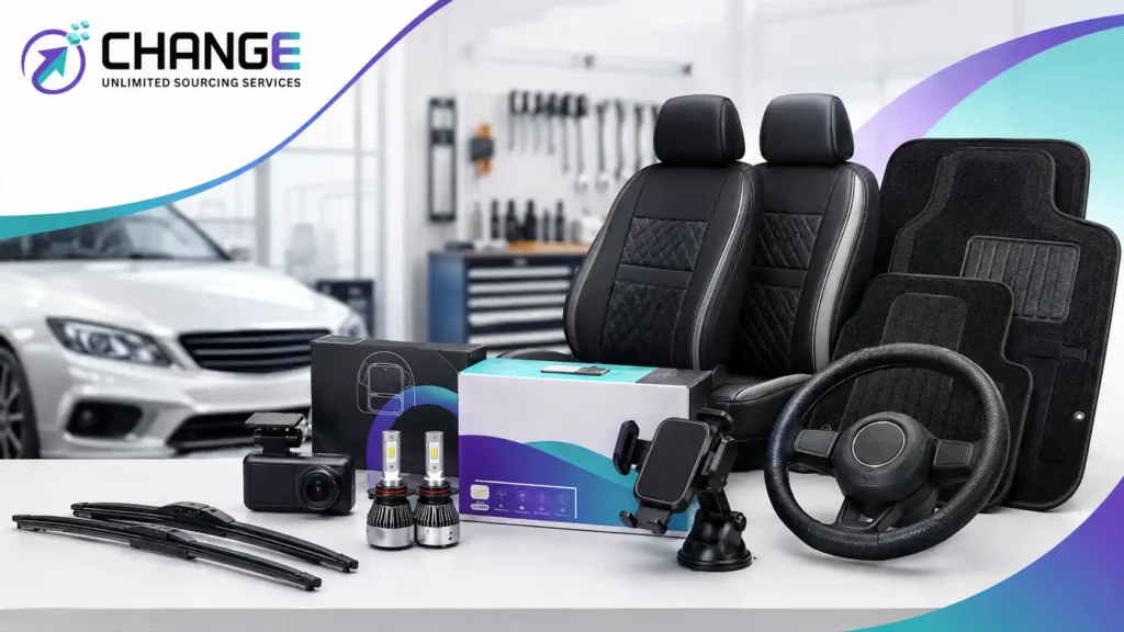 Change Sourcing branded image showing vehicle aftermarket parts and accessories, including car seat covers, floor mats, steering wheel cover, wiper blades, LED headlights, dash camera, and car accessory packaging.