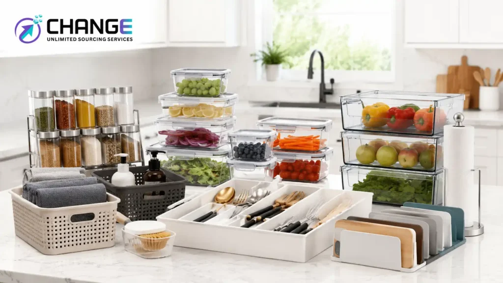 Change Sourcing branded image showing home organization and kitchen tools, including spice racks, drawer dividers, fridge organizers, food storage containers, baskets, towels, and countertop storage solutions.