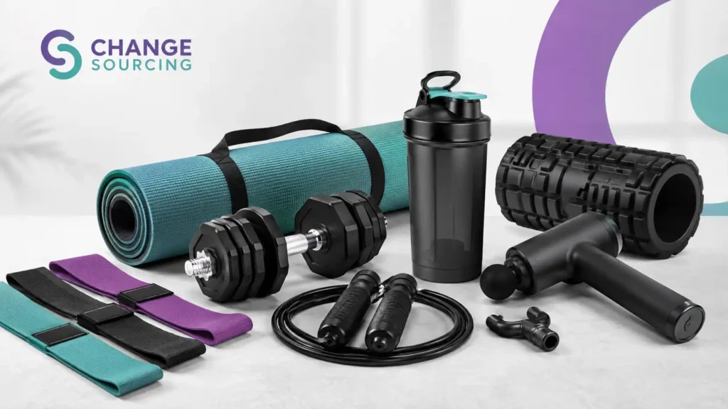 Change Sourcing branded image showing fitness accessories, including a yoga mat, dumbbells, resistance bands, jump rope, shaker bottle, foam roller, and massage gun.
