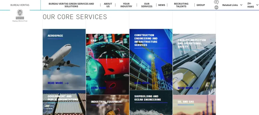 Bureau Veritas homepage screenshot showing inspection and compliance services, with core service categories such as aerospace, construction, industrial equipment, shipbuilding, and oil and gas.