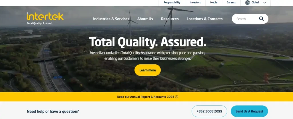 Intertek homepage screenshot showing Total Quality Assurance services, with industry and services navigation, search bar, global locations menu, and a “Total Quality. Assured.” hero banner.