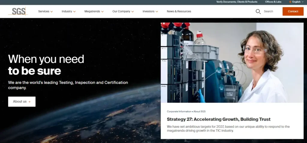 SGS homepage screenshot showing inspection, testing, and certification services, with a “When you need to be sure” hero banner, service navigation, and certification-related content.
